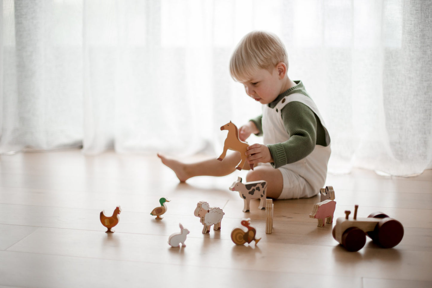 Wooden Farm Animals & Tractor Play Set