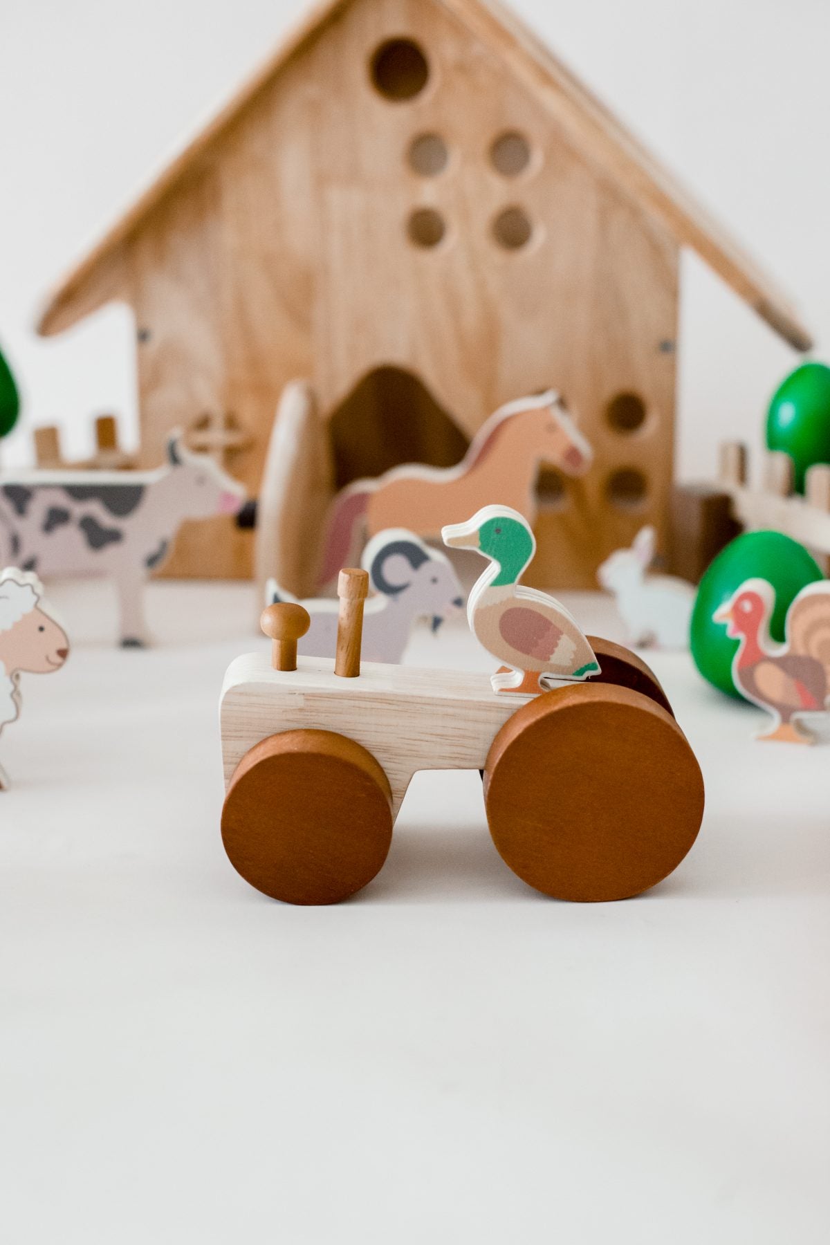 Wooden Farm Animals & Tractor Play Set